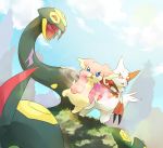  audino blue_eyes blue_sky claws clouds cloudy_sky commentary day english_commentary fangs gen_3_pokemon gen_5_pokemon grass highres looking_at_another mountain open_mouth outdoors pinkgermy pokemon protecting red_eyes seviper sky snake standing standing_on_one_leg tongue tongue_out zangoose 