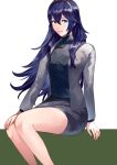  1girl ameno_(a_meno0) bangs black_shirt black_skirt blue_eyes blue_hair closed_mouth cute fire_emblem fire_emblem:_kakusei fire_emblem_13 fire_emblem_awakening floating_hair green_background grey_jacket hair_between_eyes hairband hand_on_own_knee intelligent_systems invisible_chair jacket long_hair long_sleeves looking_at_viewer lucina lucina_(fire_emblem) miniskirt nintendo open_clothes open_jacket pencil_skirt shiny shiny_hair shirt sitting skirt smile solo two-tone_background very_long_hair white_background yellow_hairband 