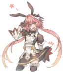  1boy :d animal_ears astolfo_(fate) bangs black_bow black_dress black_gloves black_hairband black_legwear black_neckwear bow crossdressinging detached_sleeves dress fate/apocrypha fate_(series) floating_hair gloves hair_between_eyes hair_bow hair_intakes hairband highres kmk long_hair long_sleeves male_focus open_mouth pink_eyes pink_hair rabbit_ears shiny shiny_hair short_dress skirt_hold smile solo thigh-highs twintails very_long_hair white_sleeves zettai_ryouiki 