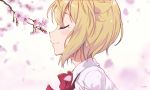  1girl blonde_hair blurry blurry_background bow bowtie cherry_blossoms closed_eyes commentary flower from_side hair_flaps highres ibuki_tsubasa idolmaster idolmaster_million_live! omuller petals red_neckwear shirt short_hair solo upper_body white_background white_shirt 