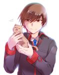  1boy 1other blue_neckwear brown_hair cat commentary_request highres little_busters!! long_sleeves male_focus misaki_juri natsume_kyousuke necktie red_eyes school_uniform short_hair simple_background smile white_background 