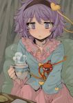  1girl black_hairband blue_shirt blush cup geppewi hairband heart highres holding holding_cup indoors komeiji_satori long_sleeves looking_at_viewer medium_hair messy_hair pink_skirt purple_hair shirt sitting skirt solo table teacup third_eye touhou violet_eyes wide_sleeves 