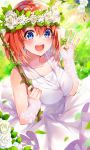  1girl :d absurdres bangs bare_shoulders blue_eyes blush breasts clover collarbone commentary_request detached_sleeves dress flower flower_wreath four-leaf_clover go-toubun_no_hanayome green_background hair_between_eyes hand_up head_wreath highres holding holding_leaf large_breasts leaf light_rays looking_at_viewer machamochi nakano_yotsuba open_mouth orange_hair rose see-through_sleeves short_hair sidelocks sleeveless sleeveless_dress smile solo sunbeam sunlight swing teeth upper_body upper_teeth wedding_dress white_dress white_flower white_rose 