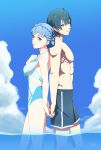  1boy 1girl blue_eyes blue_hair breasts byleth_(fire_emblem) byleth_eisner_(male) byleth_eisner_(male) closed_mouth couple female_swimwear fire_emblem fire_emblem:_three_houses fire_emblem:_three_houses fire_emblem_16 front-tie_top highres holding_hands intelligent_systems looking_at_another male_swimwear marianne_von_edmund milk_(1667865540) nintendo ocean one-piece_swimsuit short_hair summer swim_trunks swimsuit swimwear tagme 