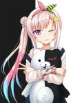  1girl airani_iofifteen arm_scrunchie dangan_ronpa hair_ornament hair_ribbon hairband hairclip highres hololive hololive_indonesia hug kazenokaze monokuma off-shoulder_sweater off_shoulder one_eye_closed overalls paint_on_body paint_on_face parted_lips pink_hair ribbon side_bun side_ponytail smile sweater upper_body v violet_eyes virtual_youtuber 