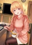  1girl :d ahoge bangs blurry blurry_background bowl breasts brown_legwear brown_sweater chair chopsticks clock commentary_request depth_of_field eyebrows_visible_through_hair feeding feet_out_of_frame food hair_between_eyes highres holding holding_bowl holding_chopsticks incoming_food karu_(qqqtyann) legwear_under_shorts light_brown_hair long_hair long_sleeves looking_at_viewer medium_breasts on_chair open_mouth original pantyhose red_eyes short_shorts shorts sitting sleeves_past_wrists smile solo steam sweater table very_long_hair wall_clock white_shorts wooden_floor 