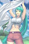  1girl armpits arms_up asymmetrical_pants bangs breasts casual clothesline clouds cloudy_sky collarbone contemporary day green_eyes green_hair hairband large_breasts long_hair marfrey midriff narrow_waist navel outdoors pneuma_(xenoblade) ponytail purple_belt shirt sky solo swept_bangs tied_shirt tree very_long_hair white_shirt xenoblade_(series) xenoblade_2 