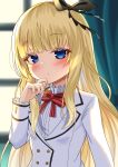  1girl bangs black_ribbon blazer blonde_hair blue_eyes blurry blurry_background blush bow closed_mouth colored_eyelashes commentary_request curtains depth_of_field eyebrows_visible_through_hair hair_ribbon hand_up highres indoors jacket juliet_persia kishuku_gakkou_no_juliet long_hair long_sleeves red_bow ribbon shirt solo striped striped_bow templus upper_body very_long_hair white_jacket white_shirt window 