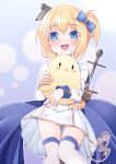  1girl :d aiguillette animal animal_hug azur_lane bangs bird blonde_hair blue_background blue_capelet blue_eyes blue_ribbon blush bow buttons capelet chick coat_dress commentary_request cowboy_shot dress eyebrows_visible_through_hair gold_trim hair_between_eyes hair_bow hair_ornament highres hug knees_together_feet_apart little_renown_(azur_lane) long_sleeves looking_at_viewer manjuu_(azur_lane) one_side_up open_mouth origami_aya ribbon short_hair sidelocks signature smile solo_focus standing sword sword_behind_back thigh-highs upper_teeth weapon white_dress white_legwear zettai_ryouiki 