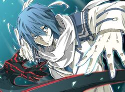  14sai14row 1boy blade blue_eyes blue_hair blue_neckwear closed_mouth dies_irae eyebrows_visible_through_hair fingernails fujii_ren glowing hair_between_eyes hatching_(texture) male_focus necktie scarf solo torn_clothes upper_body white_scarf 