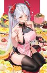  1girl antenna_hair apron azur_lane bangs bare_shoulders black_legwear blush breasts collarbone commentary_request covered_navel duan_henglong eyebrows_visible_through_hair finger_licking food garter_straps hair_between_eyes headgear heart highres iron_cross large_breasts licking long_hair looking_at_viewer mole mole_on_breast multicolored_hair orange_eyes pink_apron prinz_eugen_(azur_lane) redhead sideboob silver_hair sitting sleeveless solo streaked_hair sweets swept_bangs thigh-highs thighs two_side_up very_long_hair 