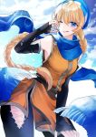  1girl blonde_hair blue_eyes blue_scarf braid elbow_gloves fire_emblem fire_emblem:_genealogy_of_the_holy_war gloves hat long_hair looking_at_viewer one_eye_closed pantyhose patty_(fire_emblem) scarf solo 