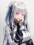  1girl ak-12_(girls_frontline) bangs braid commentary french_braid girls_frontline gloves gradient gradient_background grey_background hair_ribbon high_ponytail long_hair open_mouth partly_fingerless_gloves pouch ribbon sidelocks silence_girl silver_hair symbol-shaped_pupils tactical_clothes tongue tongue_out violet_eyes 