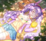  1girl :&lt; animal_ears aqua_skirt arm_up azur_lane blurry blurry_foreground blush commentary_request depth_of_field drooling eyebrows_visible_through_hair fake_animal_ears frilled_skirt frills funii hair_between_eyes hair_ornament hairband jacket laffey_(azur_lane) leaf long_hair long_sleeves lying manjuu_(azur_lane) on_back outdoors parted_lips picnic_basket pleated_skirt purple_hair purple_jacket rabbit_ears saliva shirt skirt sleeping solo thigh-highs triangle_mouth twintails very_long_hair white_legwear white_shirt 