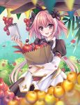  1boy absurdres animal_ears apple artist_name astolfo_(fate) astolfo_(saber)_(fate) bag bangs black_bow black_dress black_hairband black_legwear black_neckwear bow crossdressinging detached_sleeves dress fate/grand_order fate_(series) food fruit grocery_bag hair_between_eyes hair_bow hair_intakes hairband happy highres long_hair long_sleeves male_focus open_mouth orendi_laran pink_eyes pink_hair rabbit_ears raisin_(fruit) shopping_bag short_dress skirt_hold smile solo twintails very_long_hair white_sleeves 