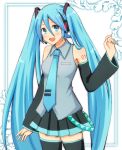  1girl :d absurdly_long_hair bangs black_footwear black_skirt black_sleeves blue_eyes blue_hair blue_nails blue_neckwear blush boots collared_shirt cowboy_shot detached_sleeves dress_shirt eyebrows_visible_through_hair floating_hair grey_shirt hair_between_eyes hatsune_miku headphones headset koroni_(nkrgs) long_hair long_sleeves looking_at_viewer microphone miniskirt nail_polish necktie open_mouth pleated_skirt shiny shiny_hair shirt skirt sleeveless sleeveless_shirt smile solo standing thigh-highs thigh_boots twintails very_long_hair vocaloid white_background wing_collar zettai_ryouiki 