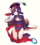  1girl absurdres artist_name blush bowl breasts closed_mouth eyebrows_visible_through_hair fate/grand_order fate_(series) highres holding holding_bowl horns jiangshi_costume long_sleeves looking_at_viewer oni_horns pointy_ears purple_hair red_nails short_hair shuten_douji_(fate/grand_order) sleeves_past_wrists small_breasts smile solo tongue tongue_out violet_eyes wlacroix 