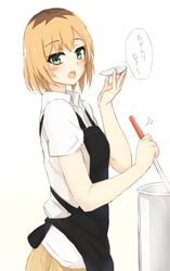  1girl bangs blonde_hair blush brown_hair collared_shirt cooking eyebrows_visible_through_hair green_eyes hair_between_eyes holding looking_at_viewer miyamori_aoi multicolored_hair open_mouth shiny shiny_hair shirobako shirt short_hair short_sleeves sketch solo speech_bubble tahita1874 two-tone_hair upper_body white_shirt wing_collar 