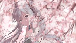  1girl aqua_neckwear blue_eyes blue_hair blurry blurry_background blurry_foreground cherry_blossoms commentary flower hands_on_own_chest hatsune_miku necktie petals pink_flower renren_(pixiv22963369) sakura_no_ame_(vocaloid) shirt signature smile solo twintails upper_body vocaloid white_shirt 