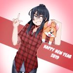  1girl 2019 animal black_eyes black_hair blush breasts collared_shirt dog eyebrows_visible_through_hair flannel glasses grin happy_new_year holding holding_animal index_finger_raised long_hair looking_at_viewer new_year original parted_lips red_shirt round_eyewear shirt short_sleeves sleeves_rolled_up small_breasts smile solo techsupportdog teeth 