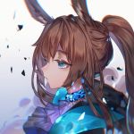  1girl amiya_(arknights) animal_ears arknights bangs blue_eyes brown_hair chinese_commentary commentary_request gradient gradient_background grey_background jewelry long_hair malatangniaotou neck_ring ponytail purple_neckwear rabbit_ears solo upper_body white_background 
