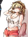  2poet animal_ears arknights blonde_hair breasts breath doctor_(arknights) highres large_breasts lion_ears lion_girl looking_at_another red_shorts shorts siege_(arknights) tank_top towel white_background white_tank_top yellow_eyes 