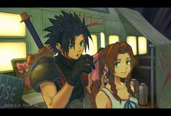  1boy 1girl aerith_gainsborough black_gloves black_hair blue_eyes bow braid braided_ponytail brown_hair crisis_core_final_fantasy_vii final_fantasy final_fantasy_vii gloves graffiti green_eyes hair_bow looking_back open_mouth pink_bow skyloop19 sleeveless sleeveless_turtleneck smile spiky_hair turtleneck upper_body zack_fair 