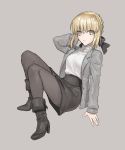  1girl absurdres artoria_pendragon_(all) bangs black_footwear black_legwear black_skirt blazer blonde_hair boots eyebrows_visible_through_hair fate/stay_night fate_(series) full_body grey_background grey_eyes hair_between_eyes hand_in_hair highres jacket kmk long_sleeves looking_at_viewer miniskirt open_blazer open_clothes open_jacket panties pantyshot pencil_skirt saber_alter shiny shiny_hair short_hair sidelocks simple_background skirt solo sweater turtleneck turtleneck_sweater underwear white_sweater 