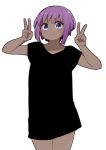  &gt;:) 1girl black_shirt blush closed_mouth collarbone dark_skin double_v fate/prototype fate/prototype:_fragments_of_blue_and_silver fate_(series) hands_up hassan_of_serenity_(fate) highres i.u.y purple_hair shirt short_hair short_sleeves simple_background smile solo v v-shaped_eyebrows violet_eyes white_background 