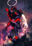  1other eva_01 forest glowing glowing_eye glowing_hand halo hankuri horn mecha mountain nature neon_genesis_evangelion no_humans rebuild_of_evangelion red_eyes solo 