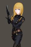  1girl bangs belt black_bodysuit black_gloves blonde_hair blue_eyes bodysuit brown_belt character_request closed_mouth fate/strange_fake fate_(series) gloves grey_background gun highres holding holding_gun holding_weapon long_hair looking_at_viewer nw_0925 shiny shiny_hair simple_background solo standing straight_hair weapon 