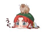  1girl animal blue_eyes braid chinese_clothes dog hat hong_meiling long_hair neko_majin on_head pants redhead simple_background snot standing_on_person tangzhuang tearing_up touhou translation_request twin_braids white_background 