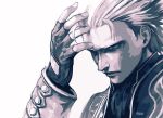 1boy ascot close-up coat devil_may_cry devil_may_cry_3 face fingerless_gloves gloves hand_up hankuri long_sleeves male_focus monochrome parted_lips shirt short_hair solo trench_coat vergil white_background 
