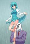  1boy 1girl bangs bare_legs barefoot blue_eyes blue_hair blue_skirt blush closed_mouth commentary_request eyebrows_visible_through_hair formal heterochromia highres leg_hold legs long_sleeves necktie nose_blush panties puffy_long_sleeves puffy_sleeves rain red_eyes red_neckwear short_hair sin_sack skirt skirt_hold striped striped_panties suit tatara_kogasa touhou underwear wavy_mouth yonaga_(masa07240) 