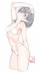  1girl arm_up bangs blue_eyes bra breasts closed_mouth cropped_legs eyebrows_visible_through_hair grey_hair highleg highleg_panties highres original panties ribs saitama_(antitankromeo) short_hair simple_background skinny small_breasts solo underwear white_background white_bra white_panties 