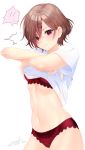  !! 1girl blush bra brown_hair eyebrows_visible_through_hair eyes_visible_through_hair floral_print hair_between_eyes hair_ornament hair_over_one_eye hairclip highres higuchi_madoka idolmaster idolmaster_shiny_colors lace lace-trimmed_bra lace-trimmed_panties looking_at_viewer mole mole_under_eye navel owl_(polaris_ilu) panties red_bra red_panties shirt shirt_lift short_hair short_sleeves signature simple_background solo speech_bubble underwear underwear_only violet_eyes white_background white_shirt 