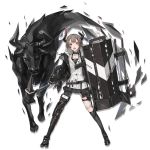  1girl arknights black_footwear black_legwear choker collarbone elite_ii_(arknights) eyebrows_visible_through_hair full_body grey_hair holding holding_shield holding_sword holding_weapon horns kneehighs looking_at_viewer neco official_art open_mouth red_eyes shield short_hair single_kneehigh solo sword transparent_background vulcan_(arknights) weapon 