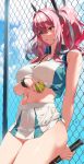  1girl arms_behind_back azur_lane ball bangs bare_shoulders blue_sky breath bremerton_(azur_lane) bremerton_(scorching-hot_training)_(azur_lane) chain-link_fence clouds collared_shirt commentary cowboy_shot crop_top crop_top_overhang eyebrows_visible_through_hair fence hair_between_eyes hair_ornament headgear heart heart_necklace highres holding holding_ball holding_racket jewelry leaning_back long_hair midriff multicolored_hair navel necklace open_mouth racket redhead shirt skirt skirt_lift sky sleeveless sleeveless_shirt sportswear streaked_hair sweat tennis_ball tennis_racket tennis_uniform thick_thighs thighs twintails two-tone_shirt two-tone_skirt wristband x_hair_ornament yang-do 