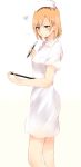  1girl blonde_hair brown_hair dress from_side hat holding holding_pen miyamori_aoi multicolored_hair nurse nurse_cap pen pink_dress shirobako short_dress short_hair short_sleeves simple_background sketch solo standing tahita1874 two-tone_hair white_background white_dress 