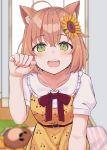  1girl ahoge animal_ears blush brown_hair cat_ears cherry_print eyebrows_visible_through_hair flower food_print green_eyes hair_flower hair_ornament highres honma_himawari looking_at_viewer natsunoiroha nijisanji puffy_short_sleeves puffy_sleeves short_hair short_sleeves smile solo sunflower_hair_ornament 