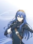  1girl bangs black_gloves blue_background blue_eyes blue_hair closed_mouth cute fingerless_gloves fire_emblem fire_emblem:_kakusei fire_emblem_13 fire_emblem_awakening floating_hair gloves gradient gradient_background hair_between_eyes hairband highres intelligent_systems long_hair looking_at_viewer lucina lucina_(fire_emblem) nintendo shiny shiny_hair smile solo tim86231 upper_body very_long_hair white_background yellow_hairband 
