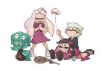  +_+ 4girls aori_(splatoon) balloon bangs belt black_footwear black_hair black_kimono black_shirt black_shorts blunt_bangs blush_stickers brown_eyes butterfly_net cephalopod_eyes closed_eyes closed_mouth commentary crown domino_mask dress english_commentary fang fangs green_eyes green_skin grey_hair hand_net hime_(splatoon) holding holding_microphone hotaru_(splatoon) iida_(splatoon) japanese_clothes kimono loafers long_hair lying mask medium_dress medium_hair microphone mole mole_under_eye mole_under_mouth multiple_girls music octarian on_lap on_stomach open_mouth pink_pupils pointy_ears purple_dress purple_kimono sandals shirt shoes short_hair short_sleeves shorts simple_background singing sitting smile splatoon_(series) standing suction_cups tentacle_hair tilted_headwear utility_belt white_background white_footwear white_hair white_headwear wong_ying_chee younger 