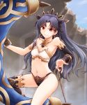  1girl bangs black_hair breasts crown detached_sleeves earrings fate/grand_order fate_(series) heavenly_boat_maanna hoop_earrings ishtar_(fate)_(all) ishtar_(fate/grand_order) jewelry long_hair looking_at_viewer meihemu midriff navel neck_ring parted_bangs red_eyes single_detached_sleeve single_sleeve single_thighhigh small_breasts smile solo thigh-highs two_side_up 