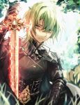  1boy backlighting black_gloves blurry_foreground byleth_(fire_emblem) byleth_eisner_(male) closed_mouth day fire_emblem fire_emblem:_three_houses gloves green_eyes green_hair hair_between_eyes hair_intakes highres holding holding_sword holding_weapon looking_at_viewer male_focus outdoors sitting solo sword tida_2112 weapon 
