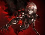  14sai14row 1boy armor black_cape blood blood_on_face bloody_hair breastplate cape chain closed_mouth ex_albio gauntlets hair_between_eyes highres holding holding_sword holding_weapon male_focus nijisanji pauldrons red_eyes shadow solo standing sword vambraces virtual_youtuber weapon white_hair 