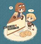  2girls bangs black_skirt blonde_hair blush brown_hair character_name closed_mouth commentary cookie expressionless eyewear_on_head food full_body girls_frontline green_eyes grizzly_mkv_(girls_frontline) heart holding holster jacket multiple_girls napkin necktie shirt short_hair shorts silence_girl sitting sitting_on_object skirt smile speech_bubble standing sunglasses thigh-highs twintails welrod_mk2_(girls_frontline) 