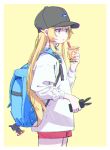  1girl alternate_costume backpack bag bangs black_eyes black_headwear blonde_hair bubble_tea cellphone clothes_writing cup disposable_cup hat highres holding holding_phone hood hoodie kantai_collection keychain long_hair long_sleeves open_mouth phone rensouhou-chan saitama_(antitankromeo) shimakaze_(kantai_collection) shorts simple_background smartphone solo two-tone_background 