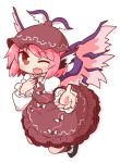  1girl ;d bangs black_footwear blush brown_dress brown_hair brown_headwear collared_dress commentary_request dress eyebrows_visible_through_hair fang feathered_wings full_body highres juliet_sleeves long_sleeves mystia_lorelei naga_u one_eye_closed open_mouth pink_hair pink_wings puffy_sleeves shirt shoes sleeveless sleeveless_dress smile solo touhou white_background white_shirt winged_hat wings 