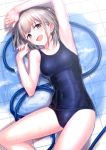  1girl :d absurdres arm_above_head blush breasts character_chart covered_navel green_eyes grey_hair highres hose idolmaster idolmaster_shiny_colors lying on_back open_mouth school_swimsuit serizawa_asahi small_breasts smile solo swimsuit thighs tiles ulrich_(tagaragakuin) water 