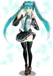  1girl absurdres aqua_eyes aqua_hair ass_visible_through_thighs between_breasts breasts detached_sleeves fingerless_gloves gloves hair_between_eyes hand_on_own_head hatsune_miku headset highres hinata_natsumikan large_breasts musical_note necktie necktie_between_breasts outstretched_arm smile solo tattoo thigh-highs thighs twintails vest vocaloid zettai_ryouiki 